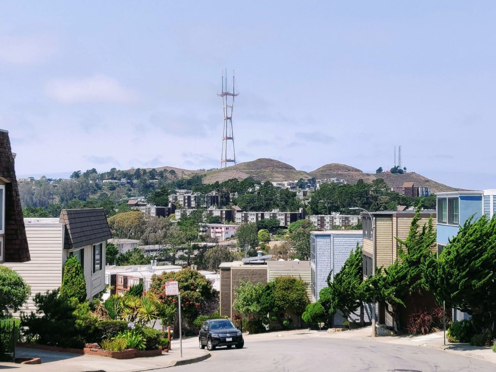 Sutro Tower, fully visible in the distance